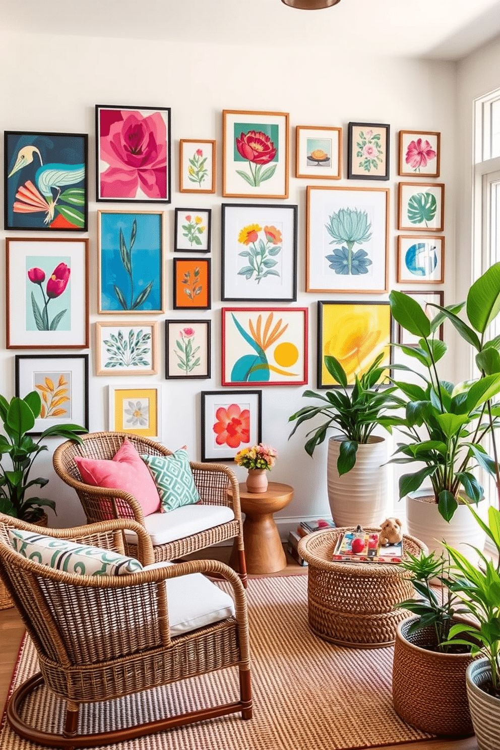 Create a gallery wall featuring a mix of vibrant art prints in various sizes and frames. The wall is adorned with colorful abstract and botanical pieces that bring energy and life to the space. In the summer sunroom, incorporate light and airy furnishings with natural textures. Use a combination of woven chairs, a soft area rug, and large potted plants to create a cozy and inviting atmosphere.