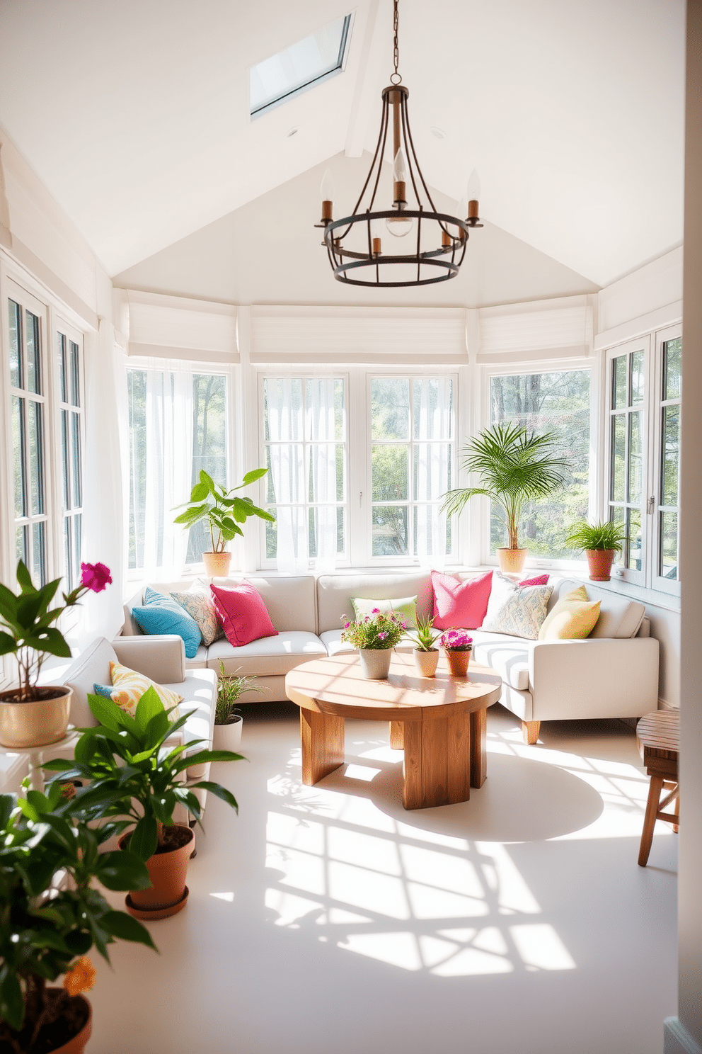 A bright and airy sunroom filled with natural light. The space features large windows with sheer white curtains, allowing sunlight to filter in softly. A comfortable seating area is arranged with a light-colored sectional sofa adorned with vibrant throw pillows. A round coffee table made of reclaimed wood sits in the center, surrounded by potted plants and fresh flowers. The walls are painted in a soft pastel hue, creating a calming atmosphere. A statement light fixture with a modern design hangs from the ceiling, adding a touch of elegance to the room.