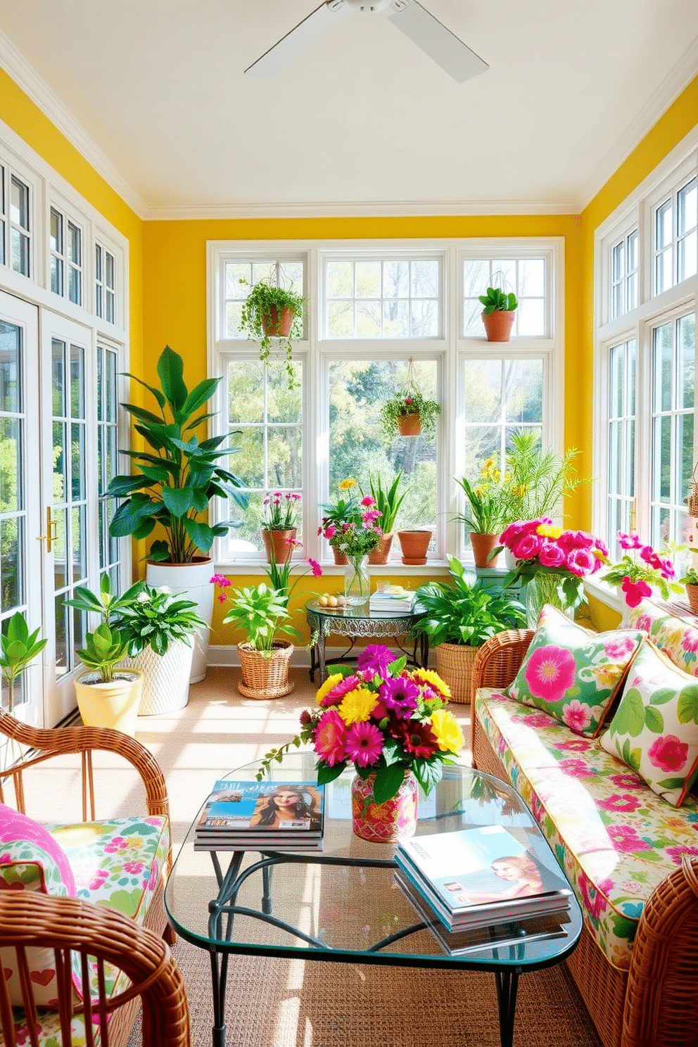 A bright and airy sunroom filled with vibrant colors. The walls are painted in a cheerful yellow, and the furniture is adorned with bold floral patterns. Large windows allow natural light to flood the space, showcasing an array of potted plants and colorful cushions. A wicker sofa is complemented by a glass coffee table topped with a stack of magazines and a colorful centerpiece.