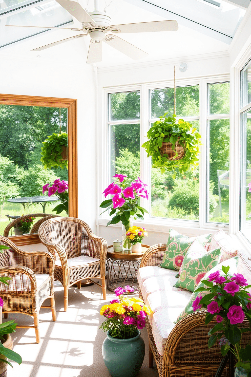 A bright summer sunroom filled with natural light. The space features a large mirror on one wall that reflects the greenery outside, enhancing the feeling of openness. Cozy seating arrangements include a mix of wicker chairs and a plush sofa adorned with colorful cushions. Potted plants and vibrant floral arrangements add a refreshing touch to the decor.