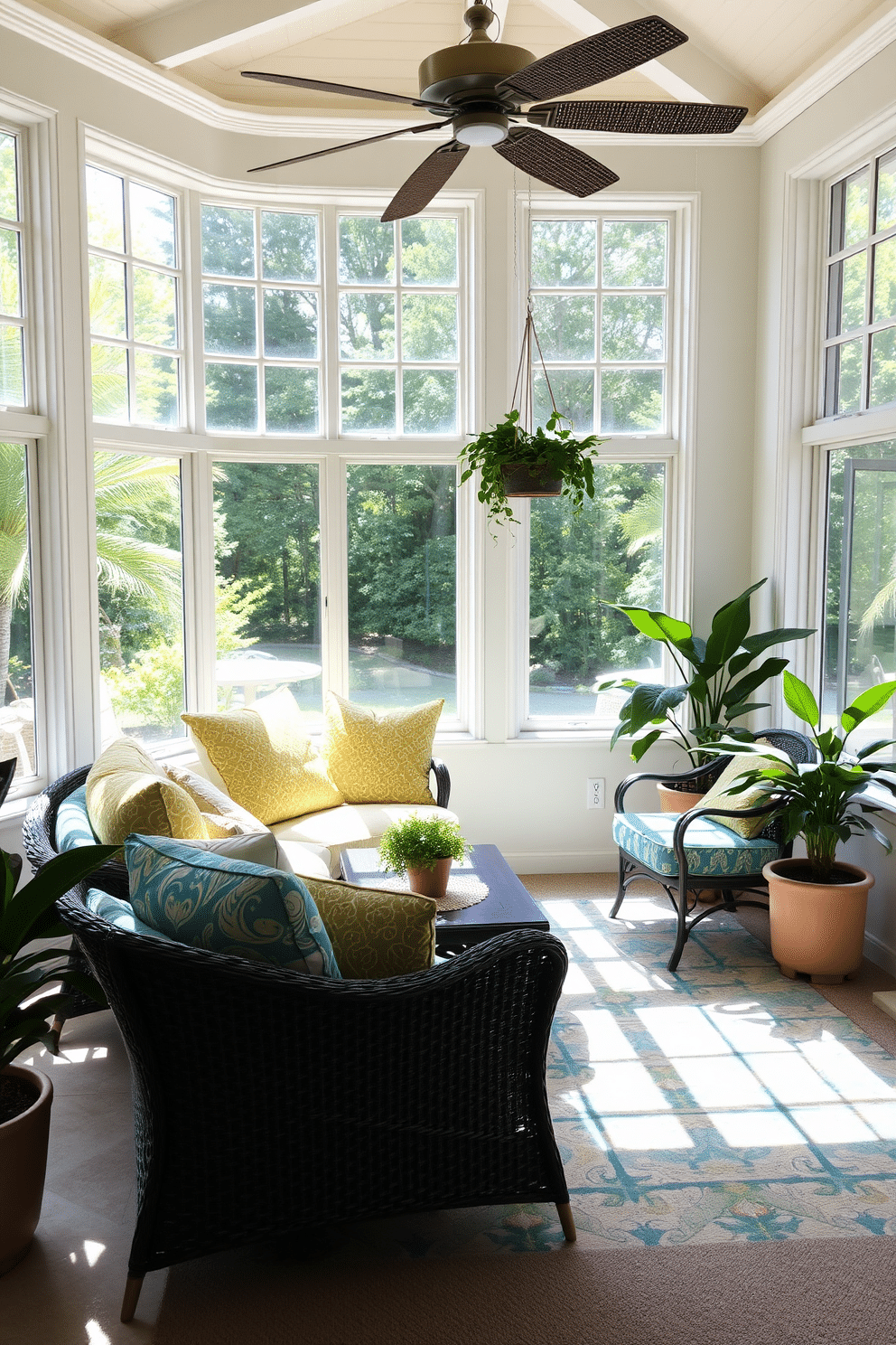 A bright and airy sunroom filled with natural light. The space features comfortable seating adorned with vibrant outdoor fabrics in shades of blue and yellow. Large windows open up to a lush garden, allowing the summer breeze to flow through. Potted plants and hanging planters add a fresh touch, creating a serene outdoor feel.