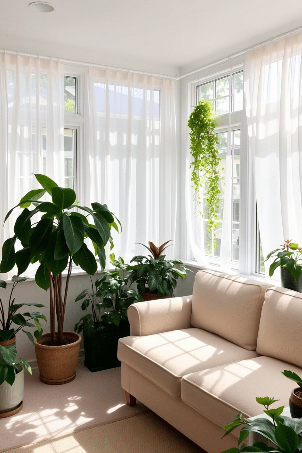 A bright summer sunroom filled with natural light. There are large windows adorned with sheer white curtains, allowing sunlight to stream in and illuminate the space. In one corner, a cozy seating area features a plush sectional sofa in a light fabric. Potted indoor plants, including a tall fiddle leaf fig and cascading pothos, are strategically placed to enhance the freshness of the room.