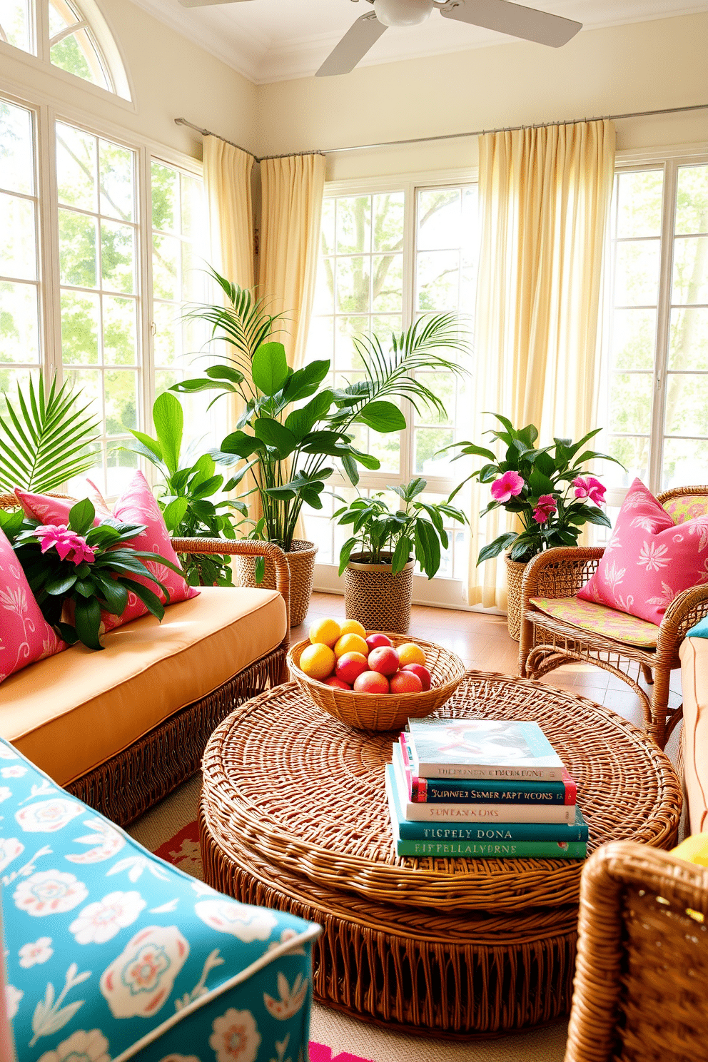 A bright and airy sunroom filled with vibrant summer colors. Large windows allow natural light to flood the space, showcasing a mix of tropical plants and colorful cushions on comfortable seating. A woven rattan coffee table sits in the center, adorned with a bowl of fresh fruit and a stack of summer-themed books. Light sheer curtains sway gently in the breeze, adding a touch of elegance to the relaxed atmosphere.