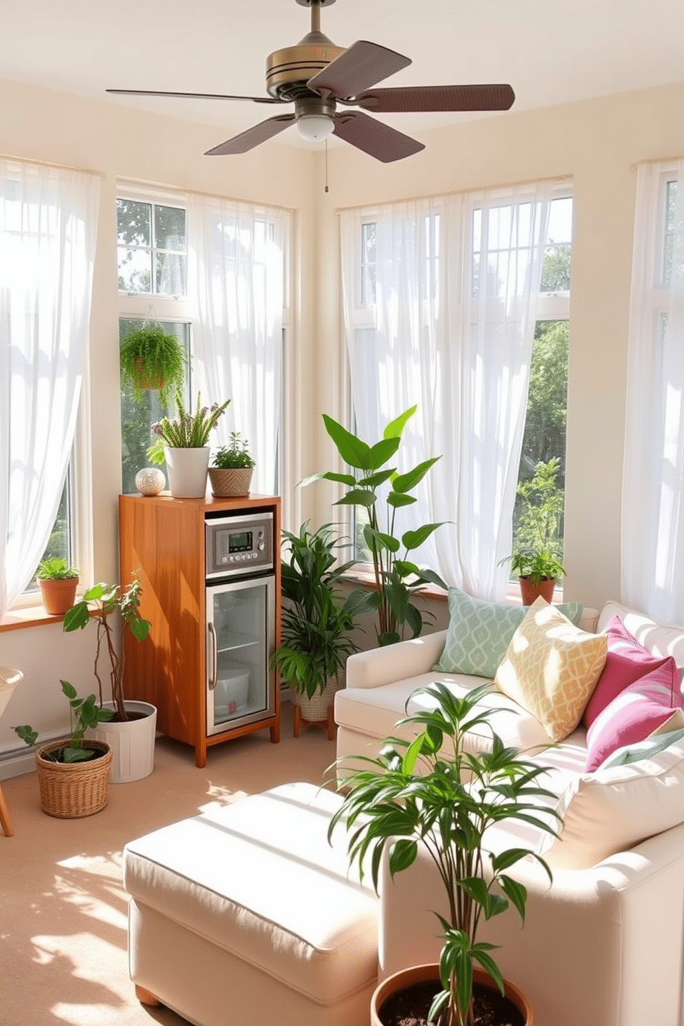 A bright and airy summer sunroom filled with natural light. The space features large windows adorned with sheer white curtains, allowing sunlight to filter through softly. A cozy seating area includes a comfortable sectional sofa in light pastel colors, accented with vibrant throw pillows. In one corner, a mini-fridge is seamlessly integrated into a stylish wooden cabinet for convenience. The walls are painted in a soft cream hue, creating a warm and inviting atmosphere. Potted plants in various sizes add a touch of greenery, enhancing the fresh, summery vibe of the room.