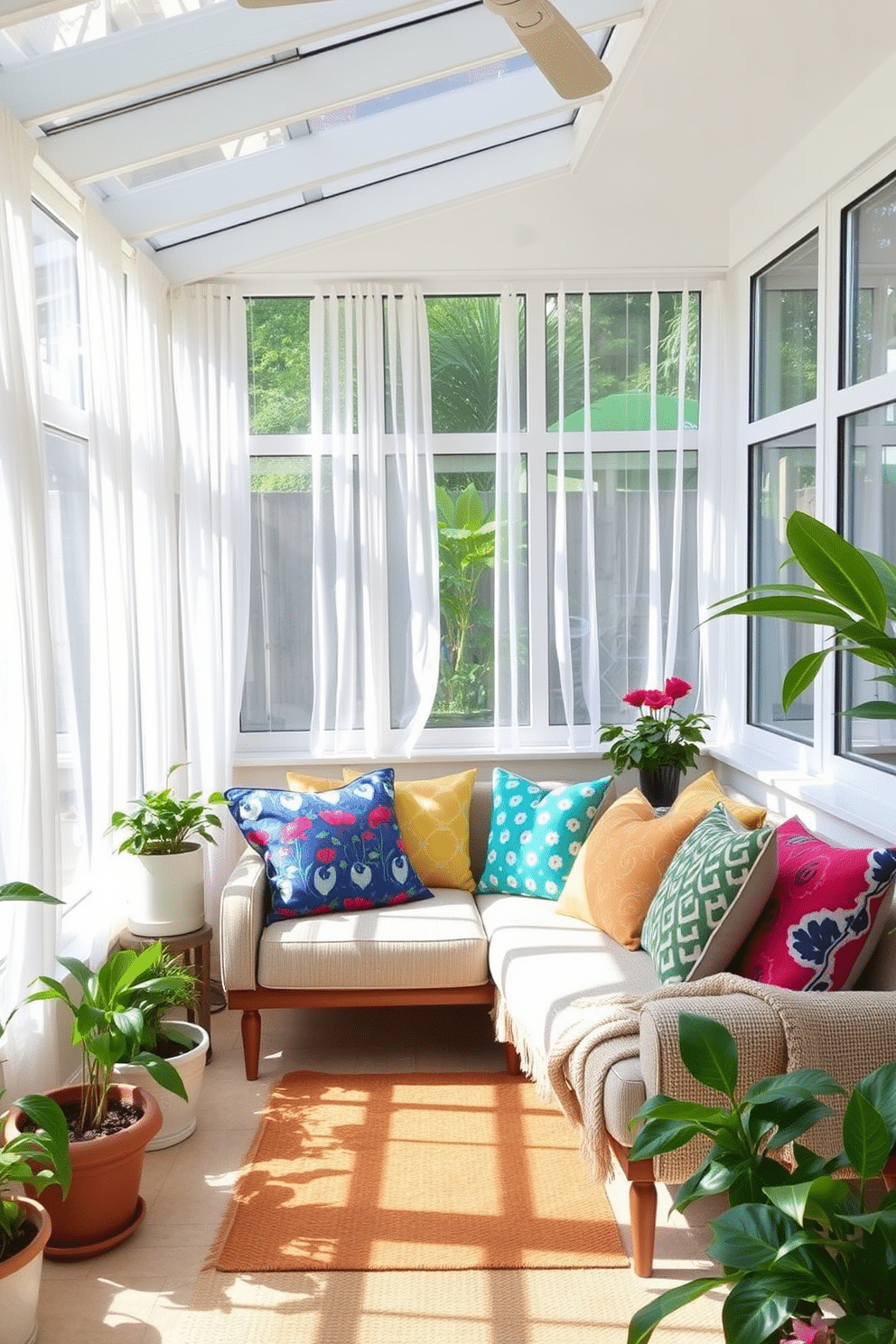 A bright and airy sunroom filled with natural light. The seating area features a comfortable sofa adorned with bold patterned cushions in vibrant colors, complemented by a mix of textured throws. Large windows are draped with sheer white curtains that flutter gently in the breeze. Potted plants in various sizes are strategically placed around the room, adding a refreshing touch of greenery.