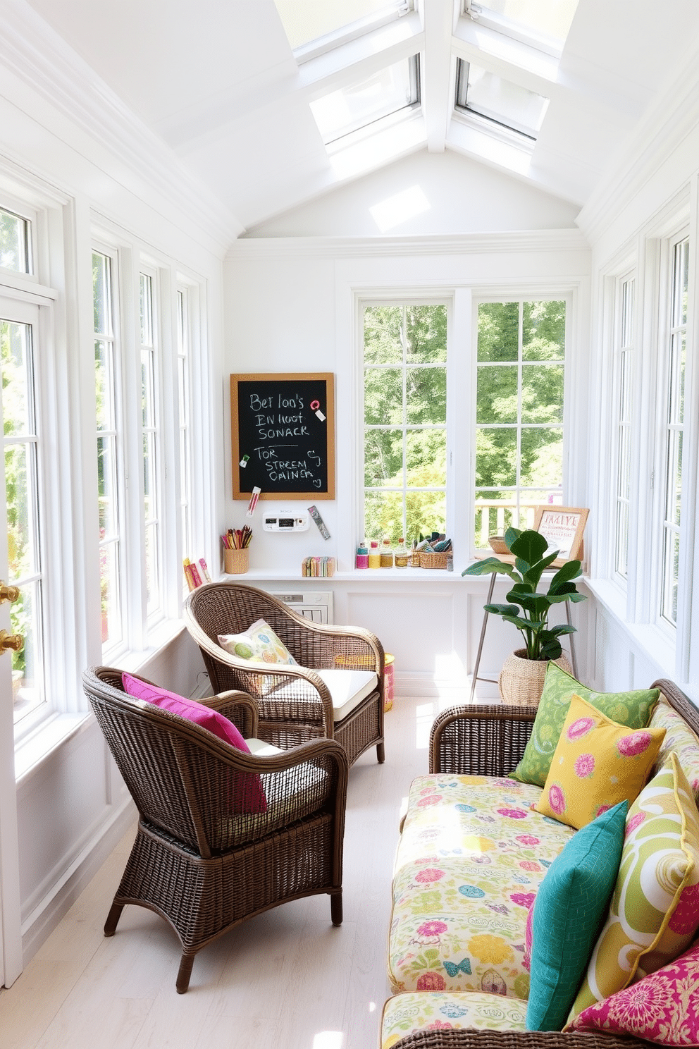 A bright and airy sunroom filled with natural light. The walls are painted a soft white, and large windows frame the view of a lush garden outside. In one corner, a chalkboard is mounted on the wall, surrounded by colorful art supplies for notes and drawings. Comfortable seating includes a mix of wicker chairs and a cozy sofa adorned with vibrant cushions.