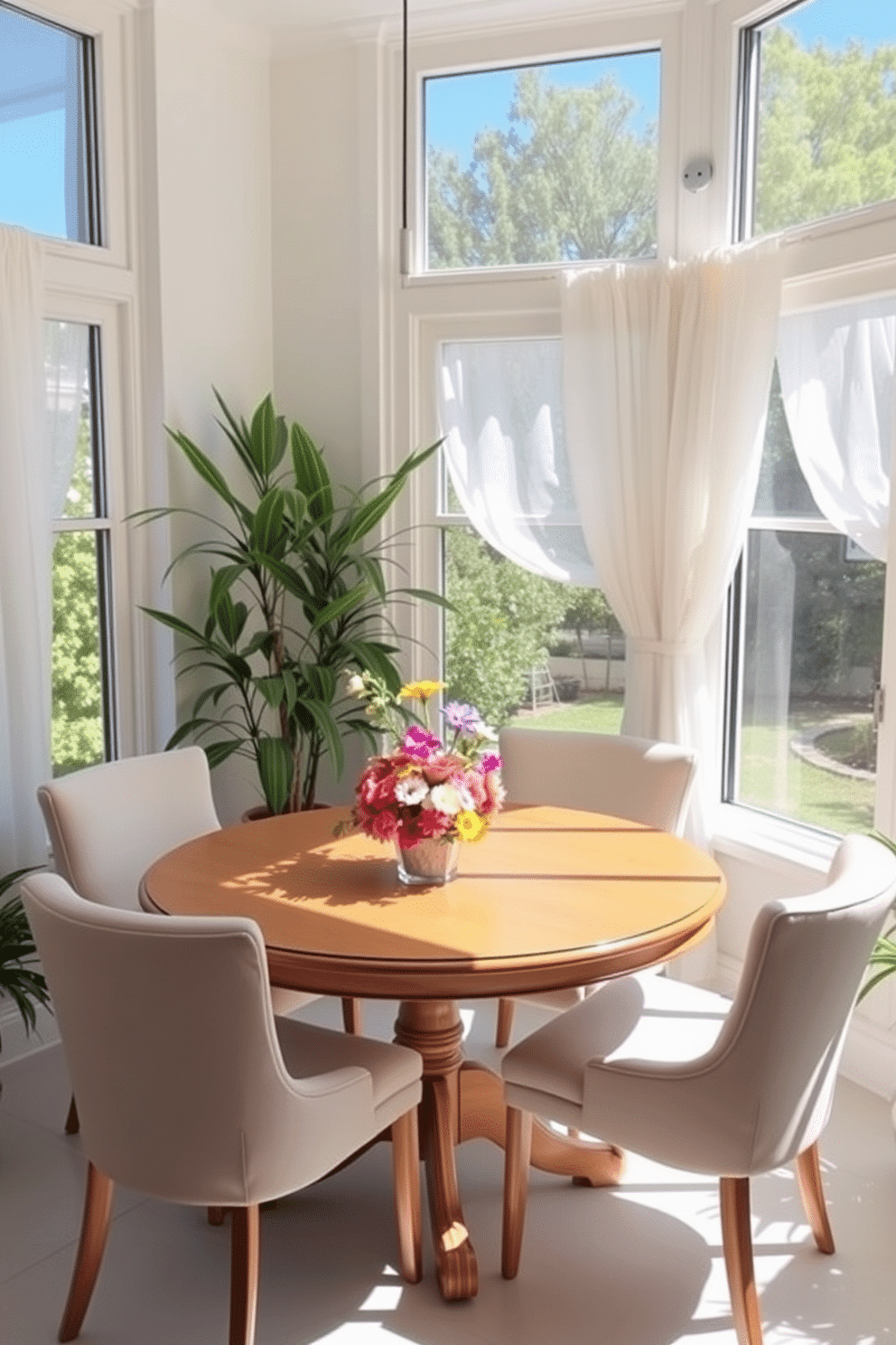 A sun-drenched breakfast corner features a round wooden table surrounded by comfortable upholstered chairs in soft pastel colors. Large windows allow natural light to flood the space, with sheer white curtains gently billowing in the breeze. A vibrant centerpiece of fresh flowers sits on the table, adding a pop of color to the serene atmosphere. Potted plants in the corners enhance the feeling of a peaceful retreat, creating an inviting spot for morning coffee or casual meals.