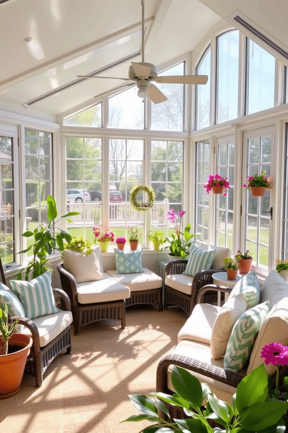 A bright and airy summer sunroom filled with natural light. Comfortable pet-friendly furniture is arranged for lounging, featuring soft cushions and durable fabrics. Large windows allow sunlight to flood the space, creating a warm atmosphere. Potted plants and colorful decor enhance the cheerful ambiance, making it a perfect retreat for both pets and owners.