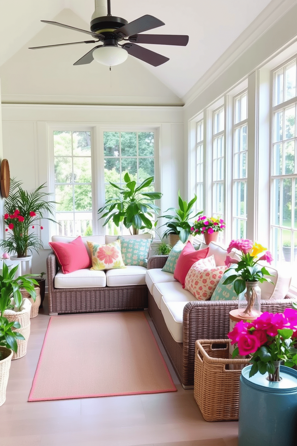 A bright and airy sunroom filled with natural light. The space features a cozy seating area with a light-colored sectional sofa adorned with colorful throw pillows. Decorative baskets are strategically placed around the room for organization, adding both style and functionality. Potted plants and fresh flowers bring a touch of nature indoors, enhancing the summer vibe.