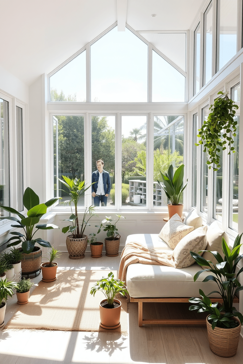 A bright and airy sunroom filled with natural light. A cozy daybed with soft cushions is positioned near large windows, inviting relaxation and enjoyment of the summer breeze. The walls are painted a soft white, complemented by light wood accents. Potted plants in various sizes are scattered around, adding a touch of greenery and freshness to the space.