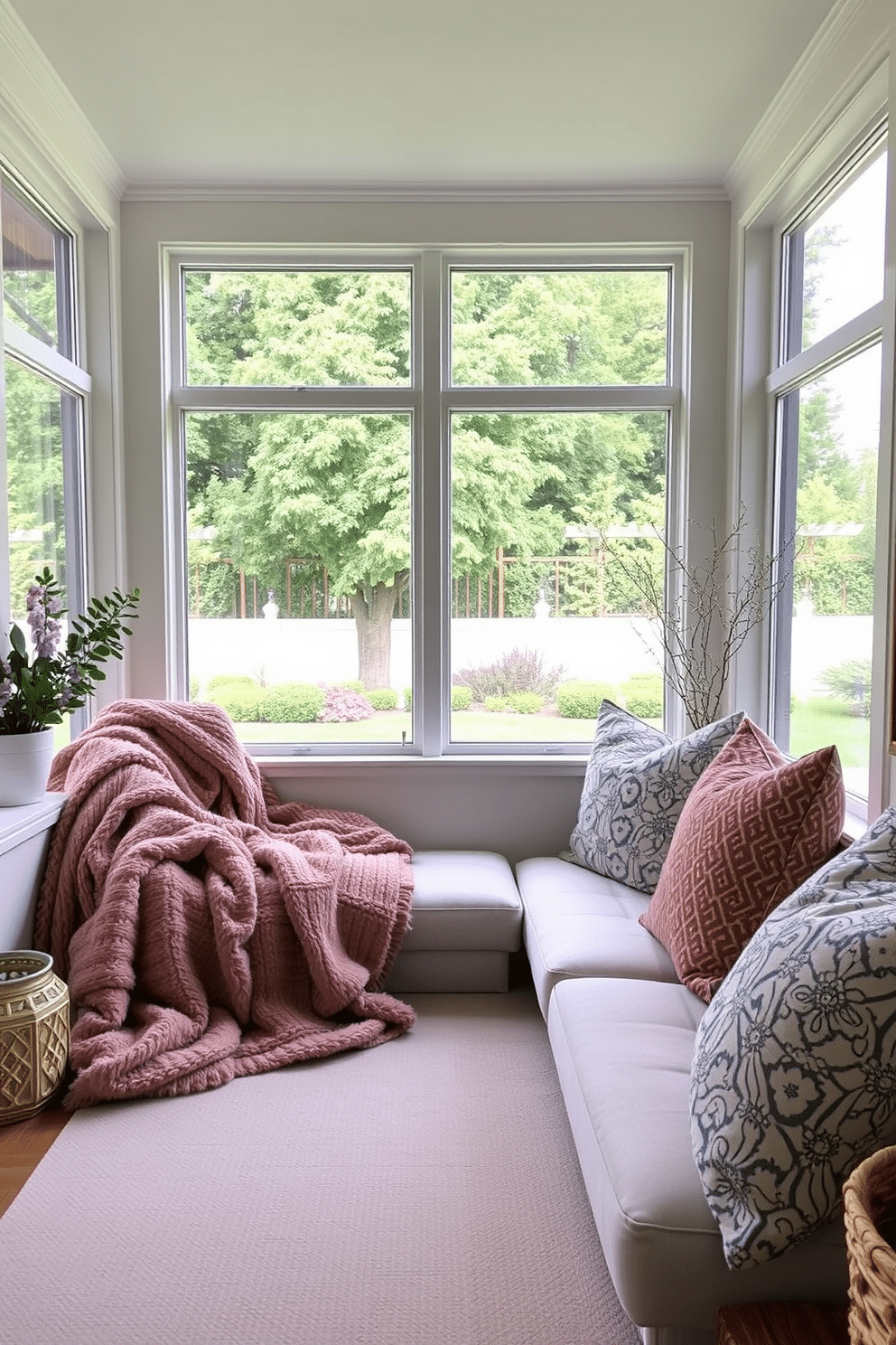 Create a cozy corner with plush blankets and oversized cushions. The sunroom is filled with natural light, featuring large windows that overlook a lush garden.