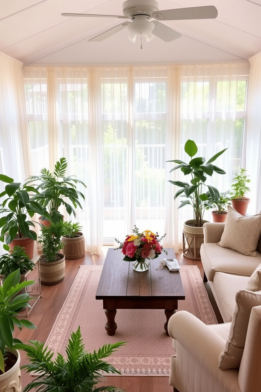 A bright and airy sunroom filled with natural light. The space features light sheer curtains that gently diffuse the sunlight, creating a warm and inviting atmosphere. Comfortable seating is arranged around a rustic wooden coffee table, adorned with a vibrant floral centerpiece. Potted plants in various sizes are placed throughout the room, adding a touch of greenery and life.