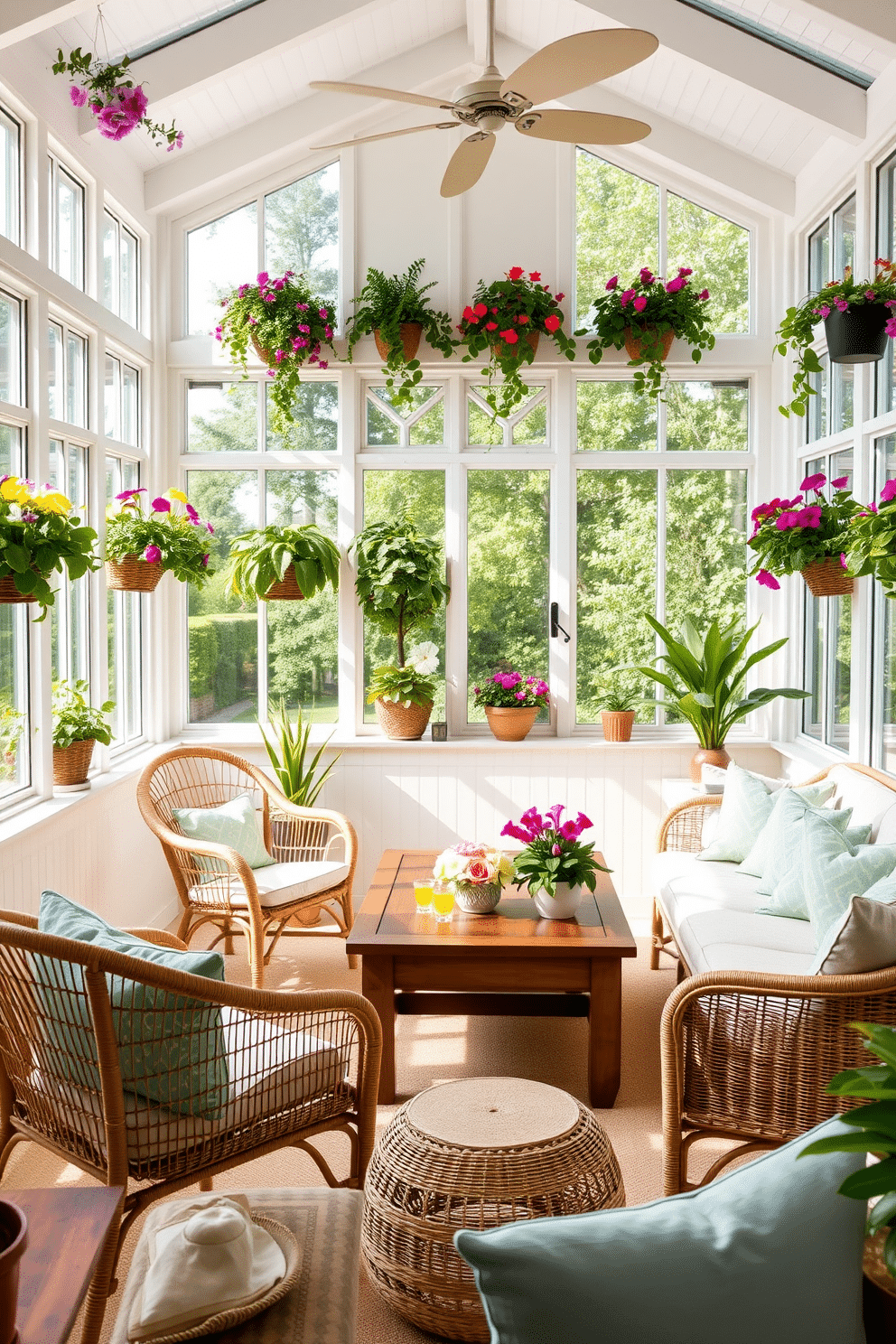 A bright and airy summer sunroom filled with natural light. The walls are adorned with wall-mounted planters that overflow with vibrant greenery and colorful flowers. Comfortable seating arrangements feature rattan chairs and a cozy sofa with light, breathable fabrics. A wooden coffee table sits in the center, surrounded by decorative cushions that enhance the cheerful atmosphere.