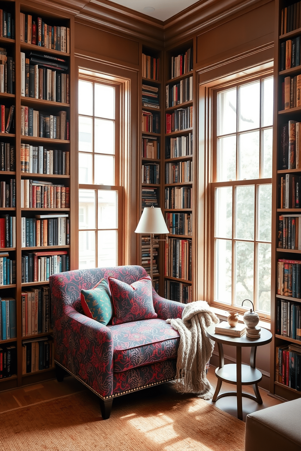 Create a cozy reading nook with floor-to-ceiling bookshelves filled with a mix of classic literature and modern novels. A plush armchair in a vibrant fabric is positioned beside a large window, allowing natural light to flood the space. Incorporate a small side table for drinks and a soft throw blanket draped over the armchair. Add a warm area rug to define the space and enhance the inviting atmosphere.