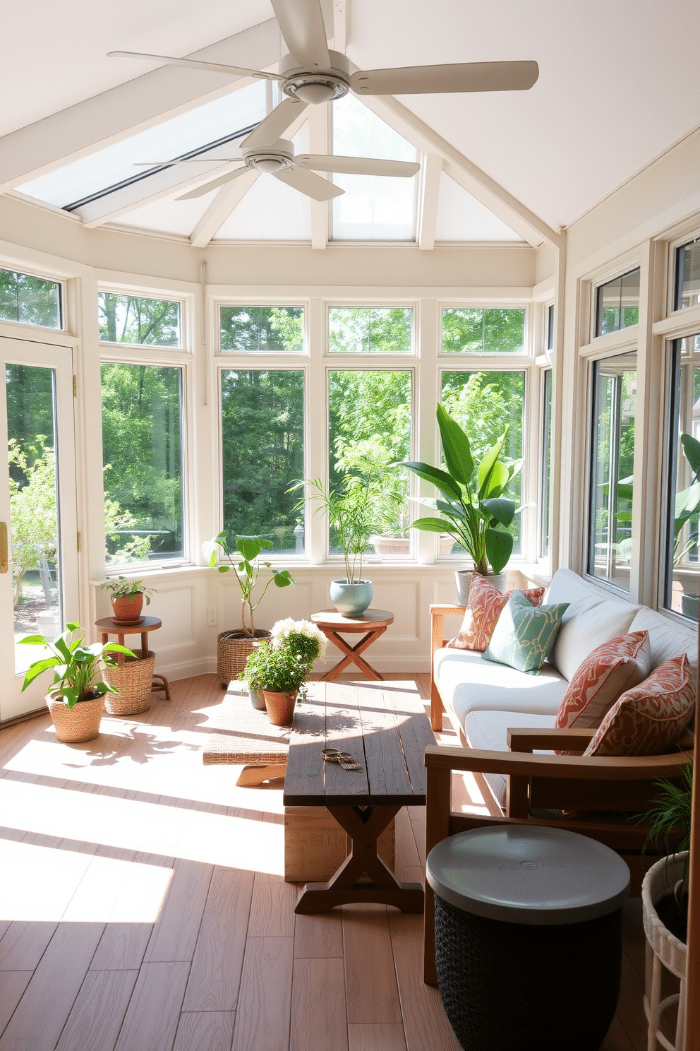 A bright and airy sunroom filled with natural light. The space features light wood furniture including a comfortable sectional sofa with soft cushions and a rustic coffee table. Large windows frame the room, allowing sunlight to spill in and illuminate the light wood floors. Potted plants and colorful throw pillows add a vibrant touch, creating a relaxing summer retreat.