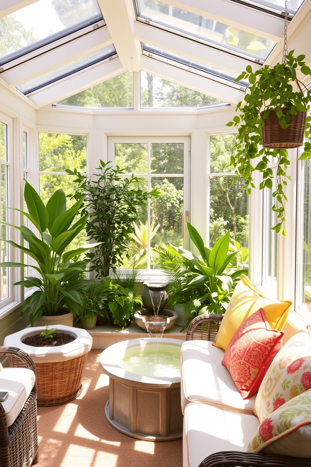 A bright and airy summer sunroom filled with natural light. Large windows allow the warm sun to filter in, illuminating the space adorned with lush green plants and comfortable seating. In one corner, a small indoor water feature gently trickles, creating a soothing ambiance. The decor includes vibrant cushions and a light, airy color palette that enhances the relaxed atmosphere.