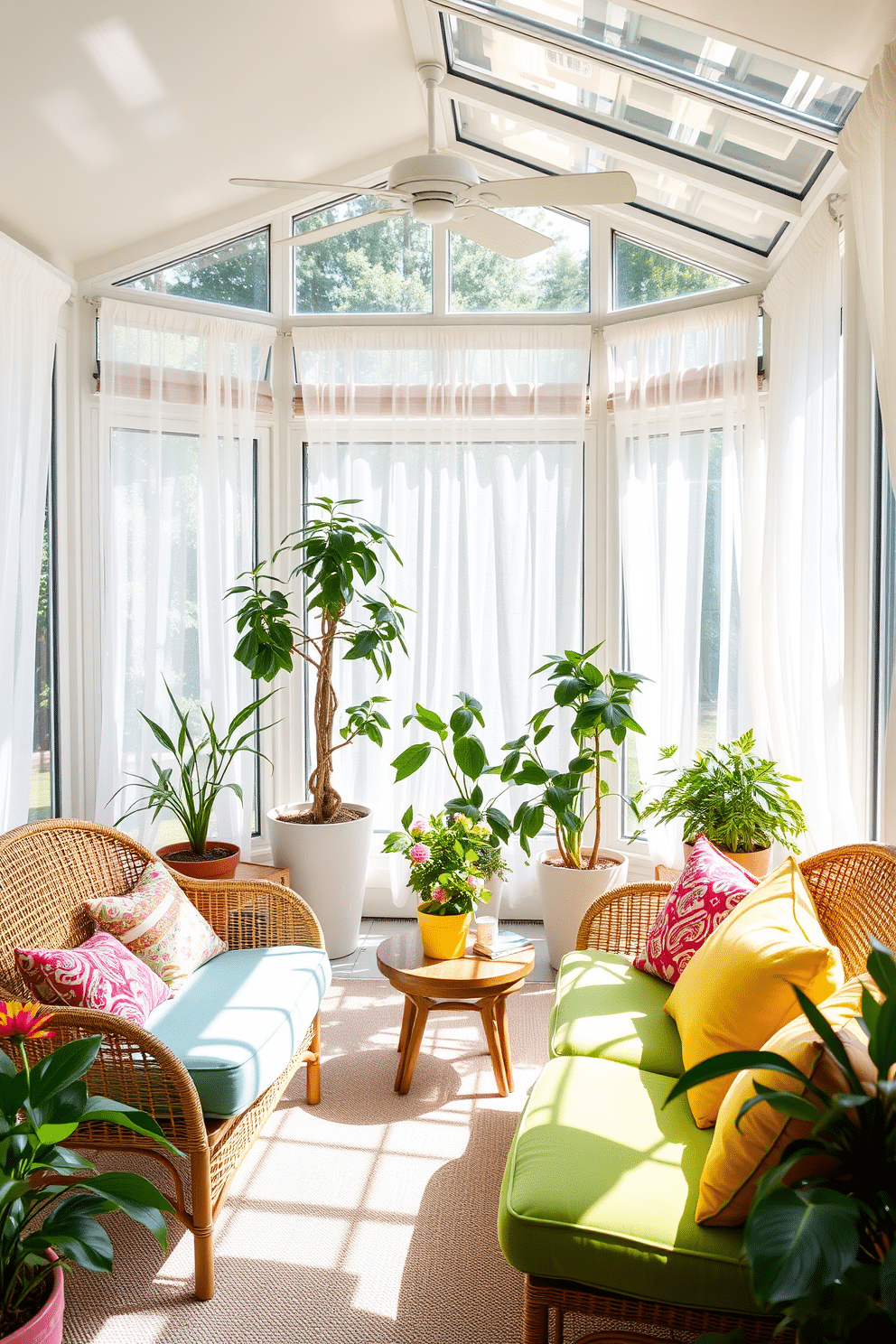 A bright summer sunroom filled with natural light. The space features a mix of rattan furniture and plush cushions in vibrant colors, creating a cozy yet airy atmosphere. Large windows adorned with sheer white curtains allow sunlight to filter in softly. Potted plants in varying heights are placed around the room, adding a touch of greenery and life.