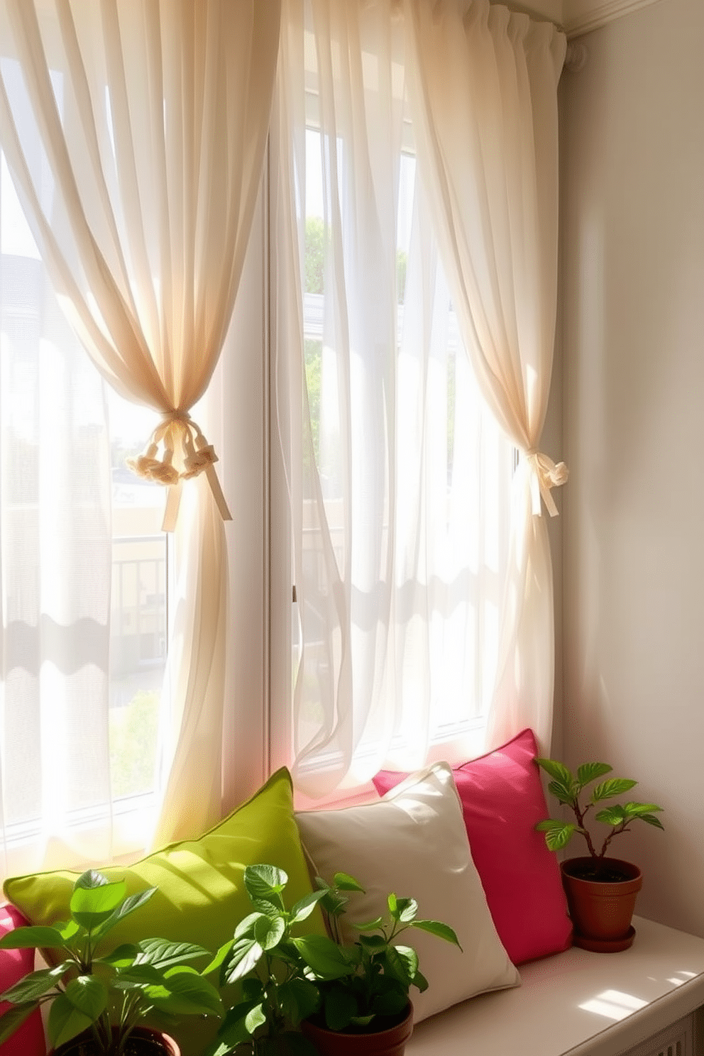 Light sheer curtains flutter gently in the breeze, allowing soft sunlight to filter into the room. The curtains are paired with delicate floral tiebacks that enhance the airy feel of the space. Brightly colored cushions are arranged on a cozy window seat, inviting relaxation and enjoyment of the summer view. Potted plants with vibrant green leaves are placed on the windowsill, adding a touch of nature to the decor.