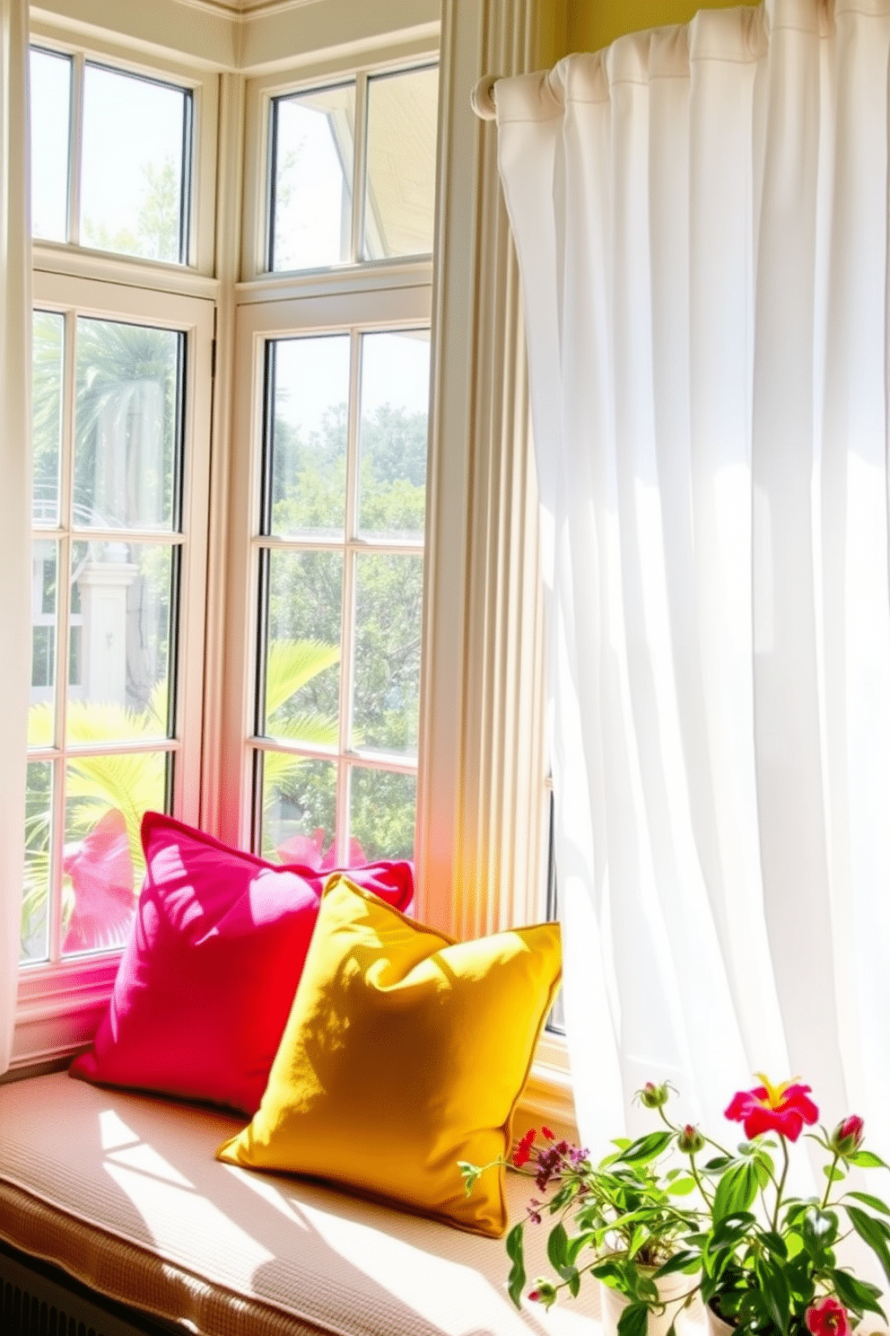 Brightly colored throw pillows adorn a cozy window seat, inviting warmth and comfort. The vibrant hues complement the natural light streaming in, creating a cheerful and relaxing atmosphere. For summer window decorating ideas, sheer white curtains flutter gently in the breeze, enhancing the light and airy feel of the space. Potted plants on the windowsill add a touch of greenery, bringing the beauty of the outdoors inside.