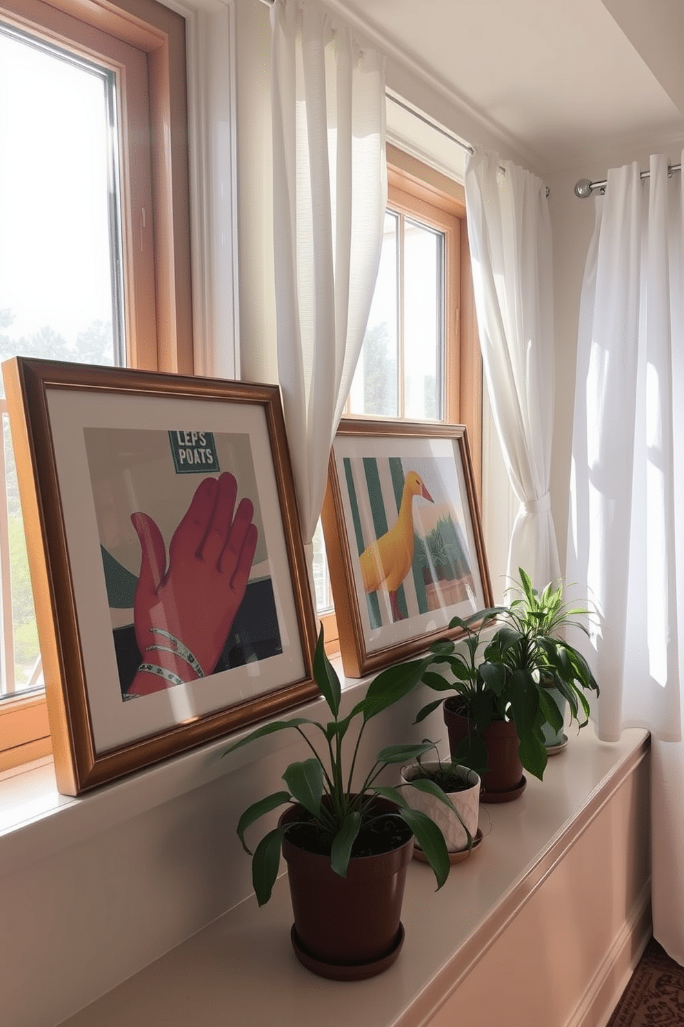 Framed artwork rests elegantly on the window sills, adding a personal touch to the summer decor. The sunlight filters through the glass, illuminating the vibrant colors and textures of the artwork. Bright and airy curtains flutter gently in the breeze, enhancing the cheerful summer atmosphere. Potted plants in varying heights sit beside the artwork, bringing a refreshing touch of nature indoors.