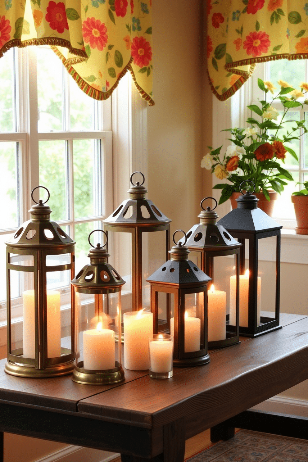 A collection of decorative lanterns in various sizes is arranged on a rustic wooden table. Each lantern is filled with soft, flickering candles that cast a warm glow, creating an inviting atmosphere. Brightly colored window treatments featuring floral patterns add a cheerful touch to the summer decor. Fresh potted plants sit on the windowsill, bringing a touch of nature indoors and enhancing the vibrant feel of the space.