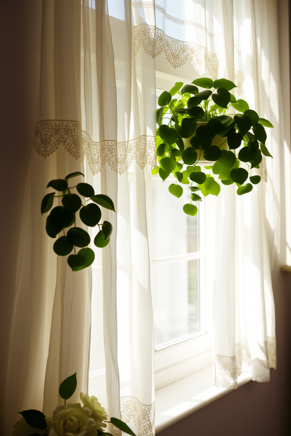 A charming summer window adorned with vintage lace curtains creates a romantic atmosphere. The soft fabric gently filters sunlight, casting delicate patterns across the room.