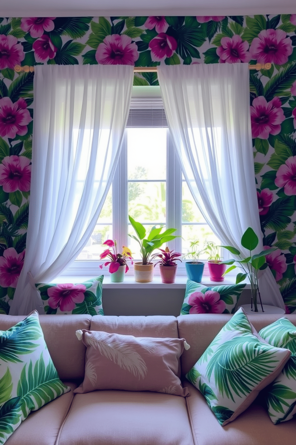 A vibrant living room featuring tropical prints that evoke a vacation feel. The walls are adorned with large-scale floral wallpaper in bright greens and pinks, while plush cushions with palm leaf patterns are scattered across a comfortable sofa. For summer window decorating ideas, sheer white curtains flutter gently in the breeze, allowing natural light to fill the space. Colorful potted plants sit on the windowsill, adding a fresh and lively touch to the room.