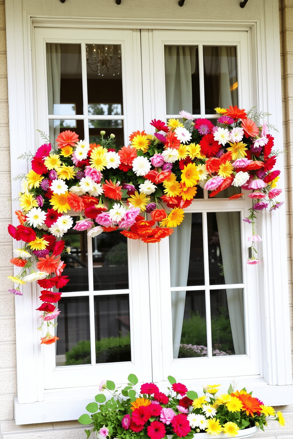 A charming summer window display featuring DIY flower garlands gracefully draped across the window frames. The garlands are made from vibrant blooms in various colors, creating a cheerful and inviting atmosphere.