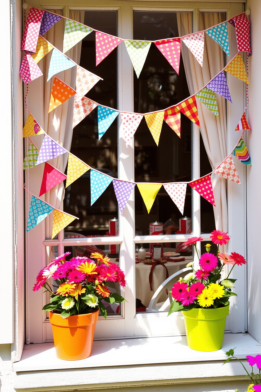 Create a vibrant summer window display filled with colorful fabric bunting that sways gently in the breeze. The bunting features a mix of bright patterns and colors, adding a cheerful touch to the window and inviting warmth into the space. Incorporate fresh flowers in vibrant pots on the windowsill to enhance the festive atmosphere. The overall setting should feel lively and welcoming, perfect for celebrating the joys of summer.