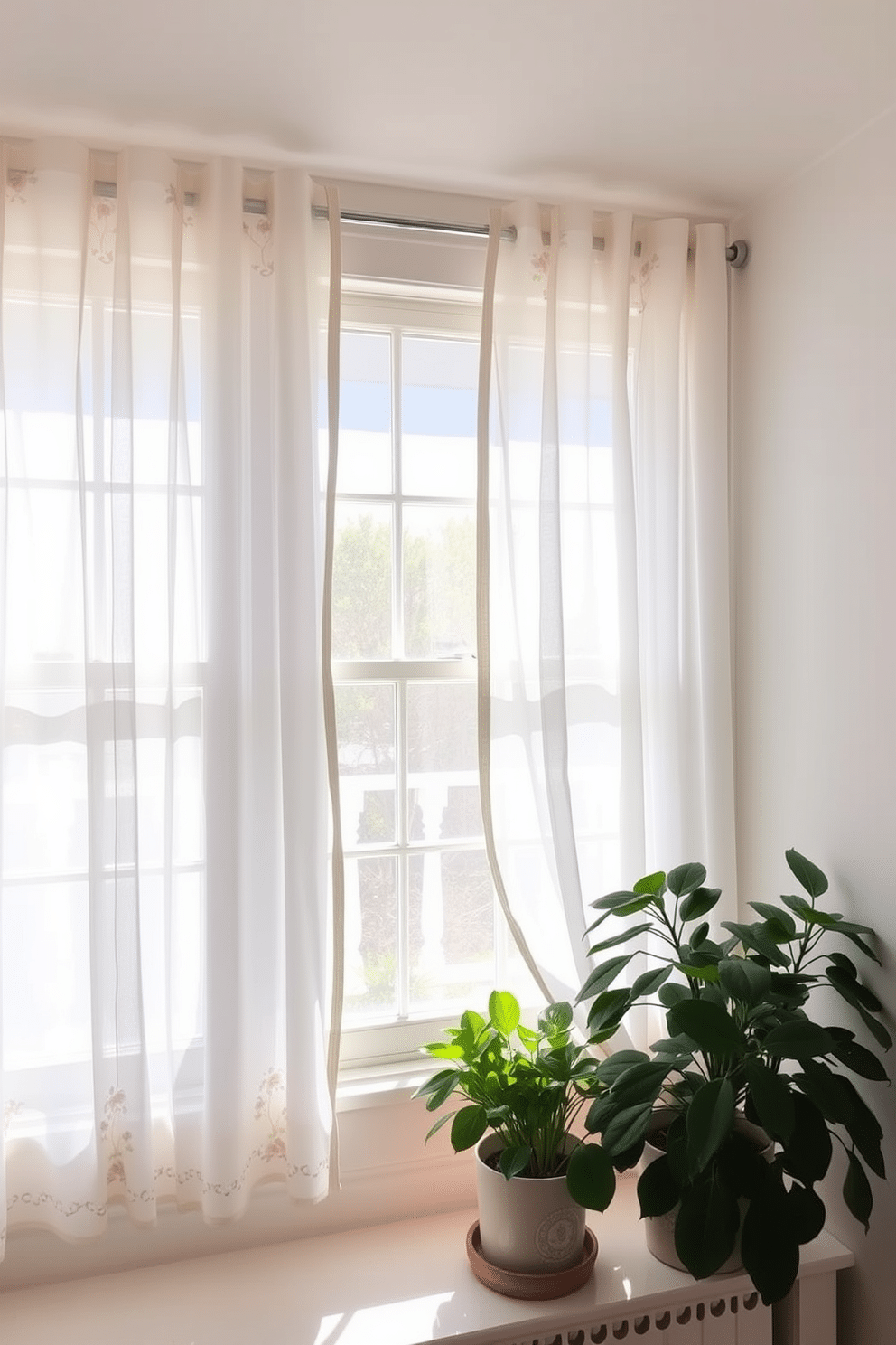 A bright and airy room features mirrored window treatments that elegantly reflect natural light. The sheer fabric allows sunlight to filter through while enhancing the overall brightness of the space. The windows are adorned with delicate summer-themed accents, such as light floral patterns and soft pastel colors. Potted plants are placed on the windowsill, adding a fresh touch to the summer decor.