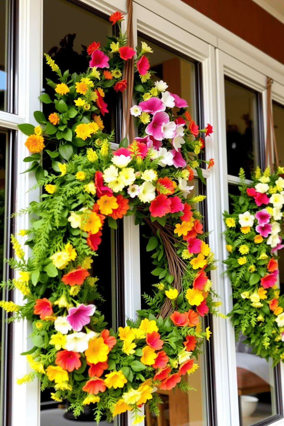 Seasonal wreaths hung on window frames create a vibrant and inviting atmosphere. Brightly colored flowers and greenery are intertwined to reflect the essence of summer, enhancing the beauty of the home.