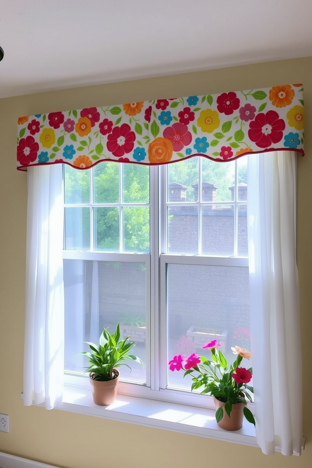 Colorful floral valances adorn the windows, bringing a cheerful touch to the room. The vibrant patterns complement the light and airy atmosphere, enhancing the overall decor. Summer window decorating ideas include sheer curtains that allow natural light to filter through while adding a breezy feel. Potted plants on the windowsill provide a fresh and lively accent to the cheerful valances.