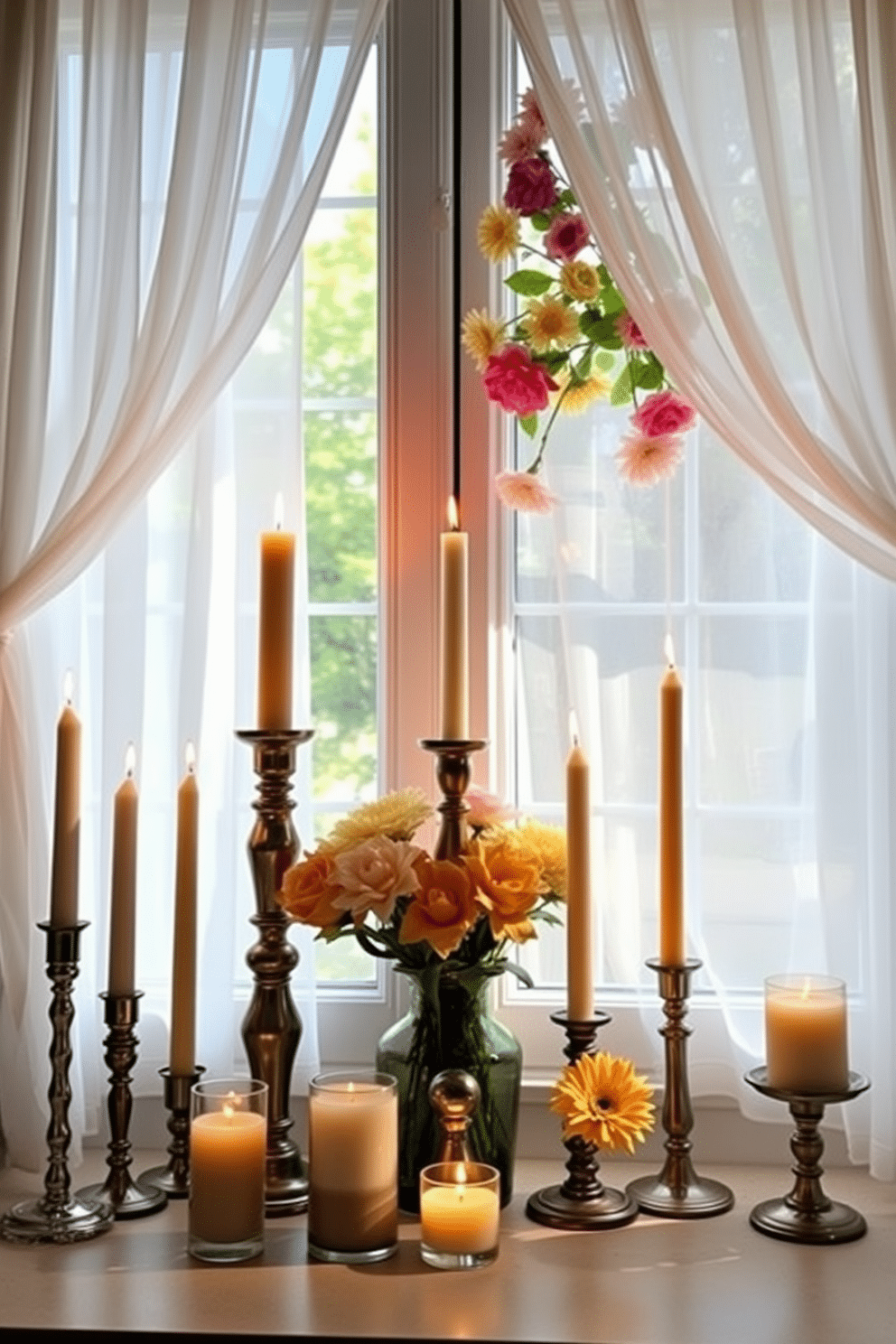 A collection of elegantly arranged candles in varying heights and styles creates a warm and inviting atmosphere. Soft flickering light dances across the room, enhancing the cozy vibe and inviting relaxation. Bright and cheerful summer window decorations feature vibrant floral arrangements and light, airy fabrics. Sheer curtains flutter gently in the breeze, allowing natural light to fill the space while adding a touch of seasonal charm.