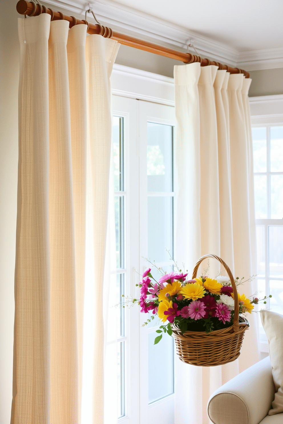 Lightweight linen drapes cascade gracefully from a polished wooden rod, allowing soft natural light to filter through. The airy fabric creates a sense of casual elegance, enhancing the serene atmosphere of the room. For summer window decorating ideas, consider pairing the drapes with vibrant floral accents and light-colored accessories. A simple woven basket filled with fresh seasonal blooms can add a touch of cheerfulness to the overall decor.