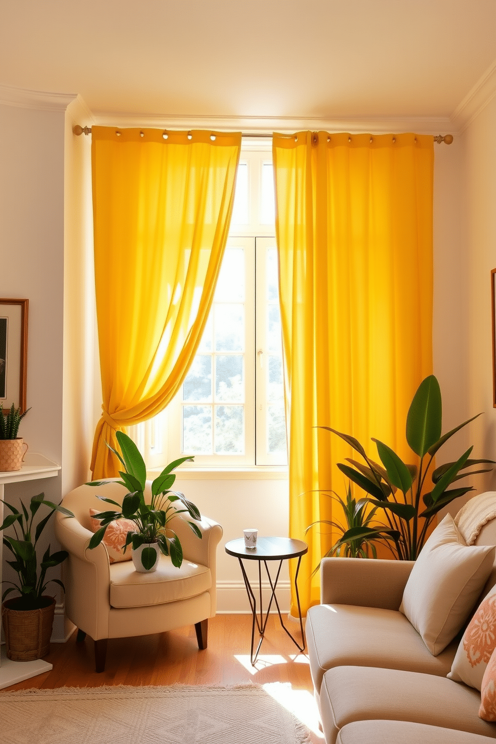 A bright and cheerful living room adorned with sunshine yellow curtains that frame a large window. The curtains billow gently with the breeze, adding a vibrant touch to the light-filled space. In the corner, a cozy reading nook features a plush armchair and a small side table. Potted plants add a refreshing green contrast to the sunny decor, enhancing the overall warmth of the room.