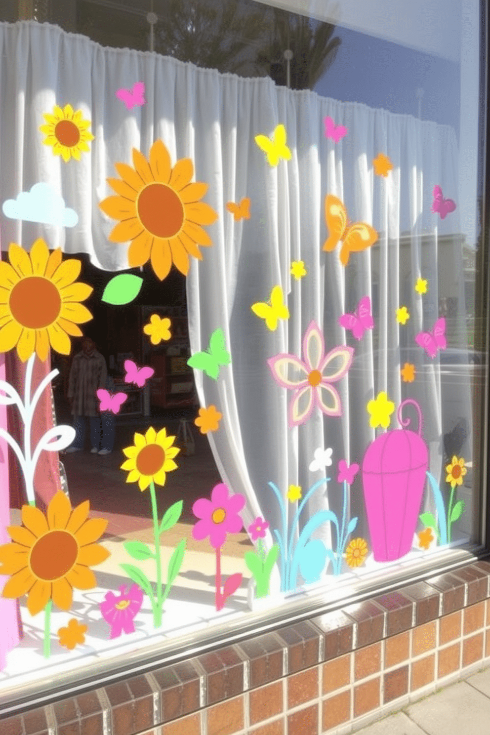 Create a vibrant and playful window display featuring colorful decals that enhance the summer theme. The decals should include whimsical designs like sunflowers, butterflies, and beach elements to evoke a cheerful atmosphere. Incorporate sheer curtains to complement the decals, allowing natural light to filter through while maintaining a fun and airy feel. Use a mix of bold and pastel colors in the decals to create a dynamic visual impact that captures the essence of summer.