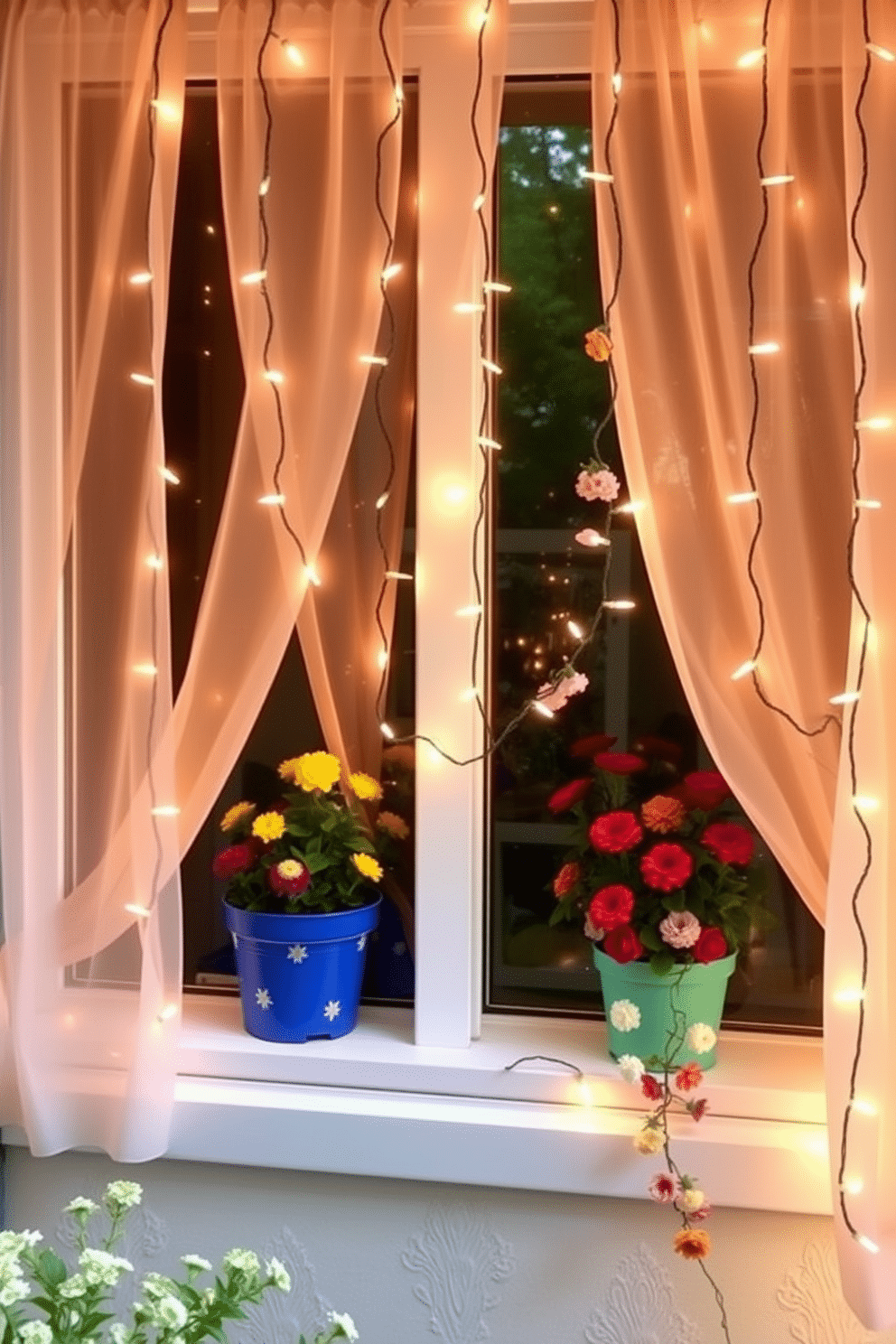 A cozy summer window scene adorned with hanging fairy lights creates a magical glow. Soft sheer curtains frame the window, allowing natural light to filter through while the twinkling lights add a whimsical touch. Colorful potted plants sit on the windowsill, bringing life and vibrancy to the decor. A delicate garland of flowers weaves among the lights, enhancing the enchanting atmosphere of the space.