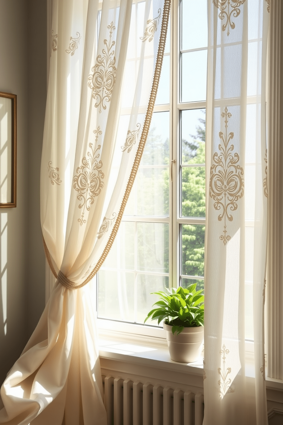 Create a bright and airy summer window display featuring sheer panels adorned with bold embroidery details. The sheer fabric gently filters the sunlight, casting playful shadows across the room while adding a touch of elegance.