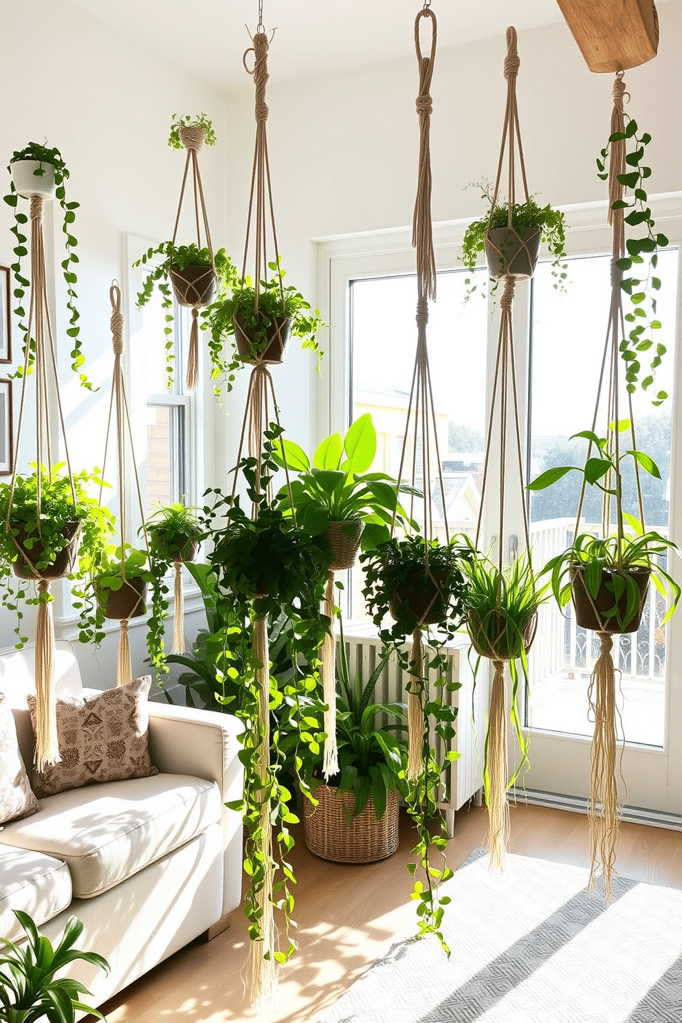 A cozy living room adorned with macrame hangers showcasing lush trailing plants. Sunlight streams through the large windows, casting playful shadows on the walls and highlighting the vibrant greenery. A bright and airy space featuring a collection of macrame plant hangers in various lengths. Each hanger holds a different type of trailing plant, creating a cascading effect that enhances the summer decor.