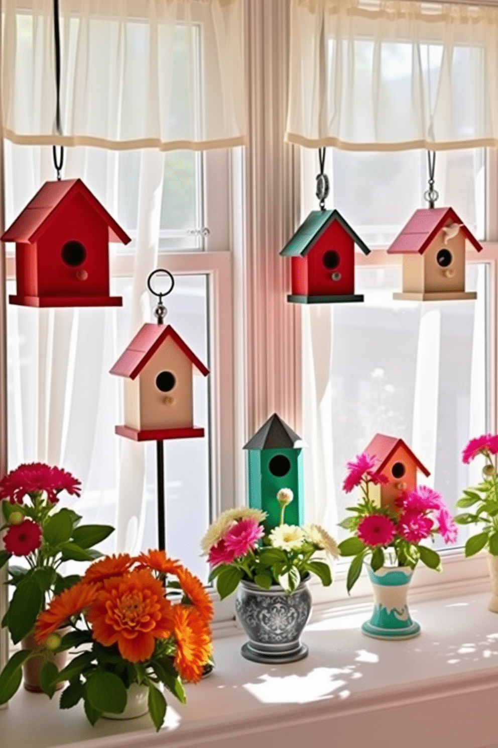 Charming birdhouses are artfully arranged on window sills, adding a whimsical touch to the summer decor. Each birdhouse features unique colors and designs, creating a delightful focal point that invites nature indoors. Summer window decorating ideas include sheer curtains that gently filter sunlight, enhancing the warmth of the season. Potted flowers in vibrant hues are placed on the sills, bringing a refreshing burst of color and life to the space.