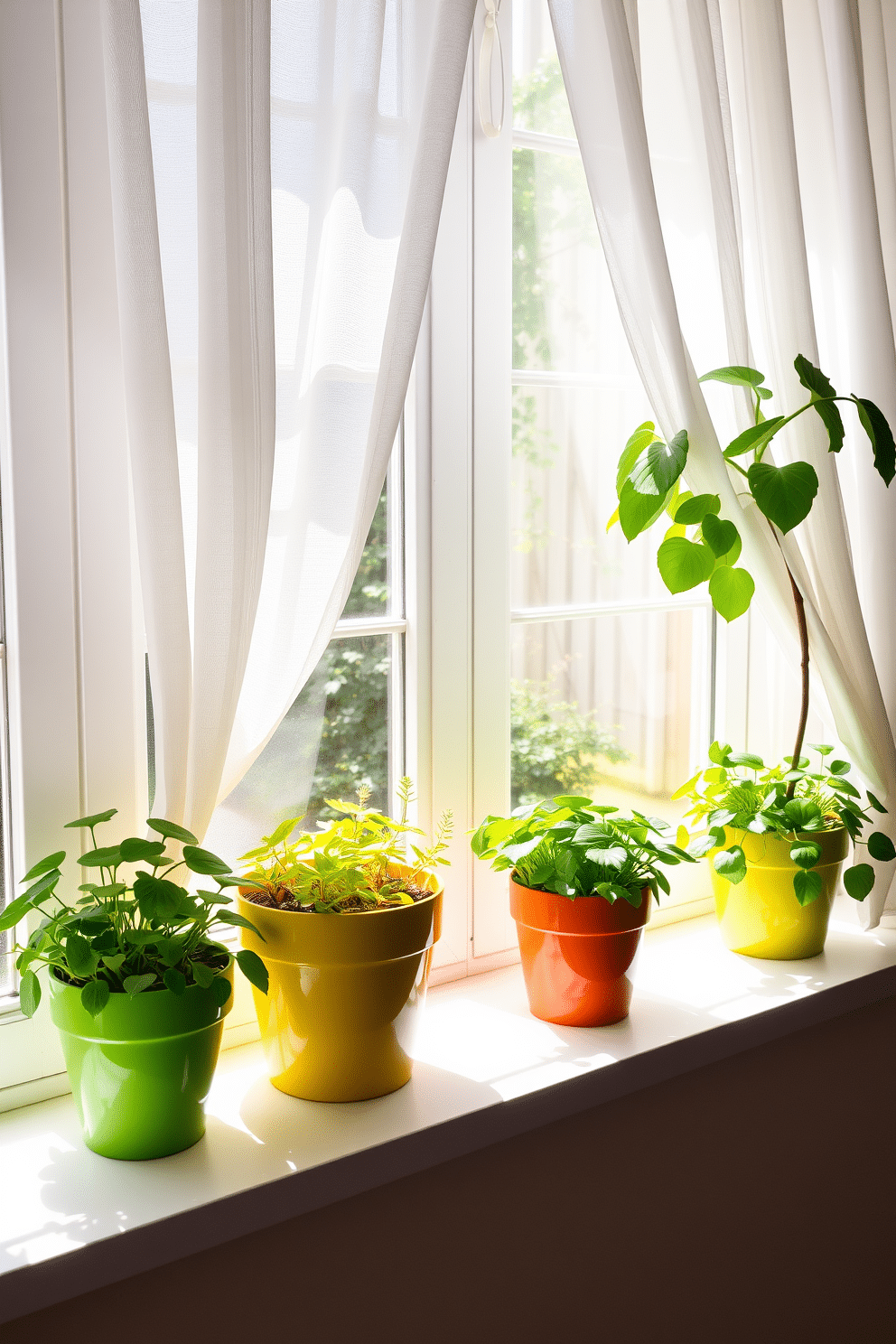 Bright ceramic pots filled with vibrant green plants sit on a windowsill, allowing natural light to enhance their colors. The pots are arranged in varying heights, adding visual interest and a touch of whimsy to the summer decor. Sheer white curtains gently flutter in the breeze, complementing the cheerful atmosphere. Sunlight streams through the window, casting playful shadows on the pots and creating a warm, inviting space.