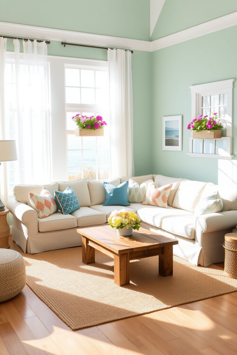 A serene living room featuring a coastal color palette with soft blues and sandy beiges. The walls are painted in a light seafoam green and adorned with framed ocean-themed artwork. A large, comfortable sectional sofa in a light cream fabric faces a rustic coffee table made from reclaimed wood. Sheer white curtains flutter gently in the breeze, allowing natural light to fill the space. Decorative throw pillows in various shades of blue and coral add a pop of color to the sofa. A woven jute rug anchors the seating area, enhancing the coastal theme. For summer window decorating ideas, vibrant flower boxes filled with colorful blooms hang from the window sills. Sunlight streams through the windows, showcasing a cheerful display of seasonal decorations.