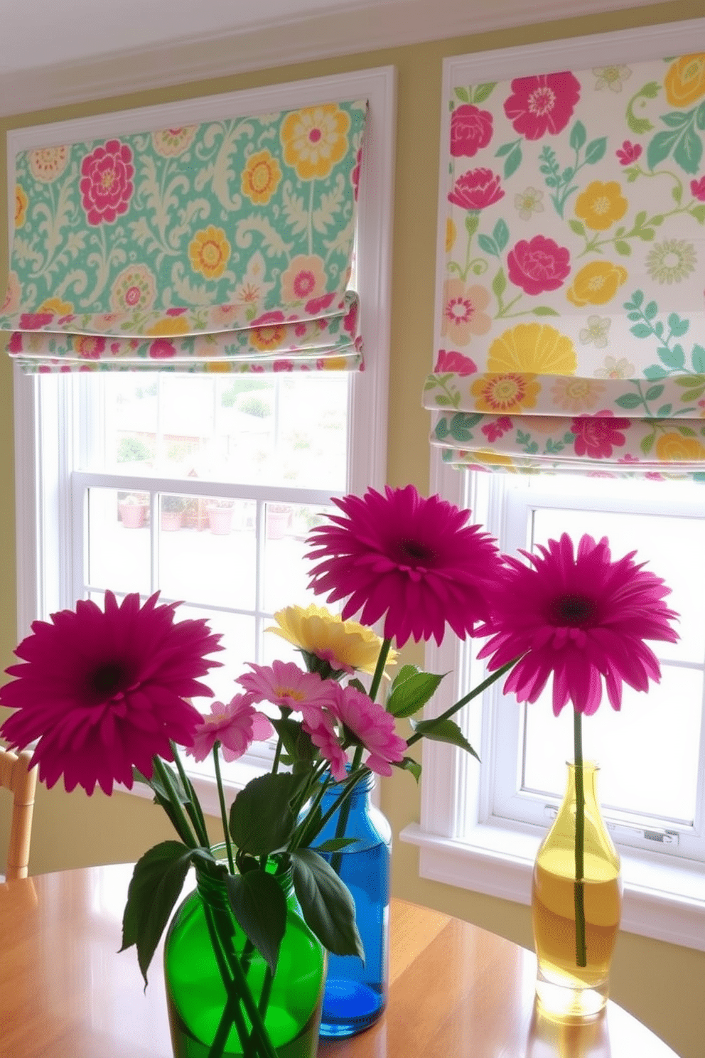 Bright patterned roman shades adorn the windows, adding a vibrant touch to the room. The shades feature a mix of floral and geometric designs in cheerful colors that enhance the overall decor. Summer window decorating ideas include incorporating light, airy fabrics and playful accessories. Fresh flowers in colorful vases complement the shades, creating a lively and inviting atmosphere.