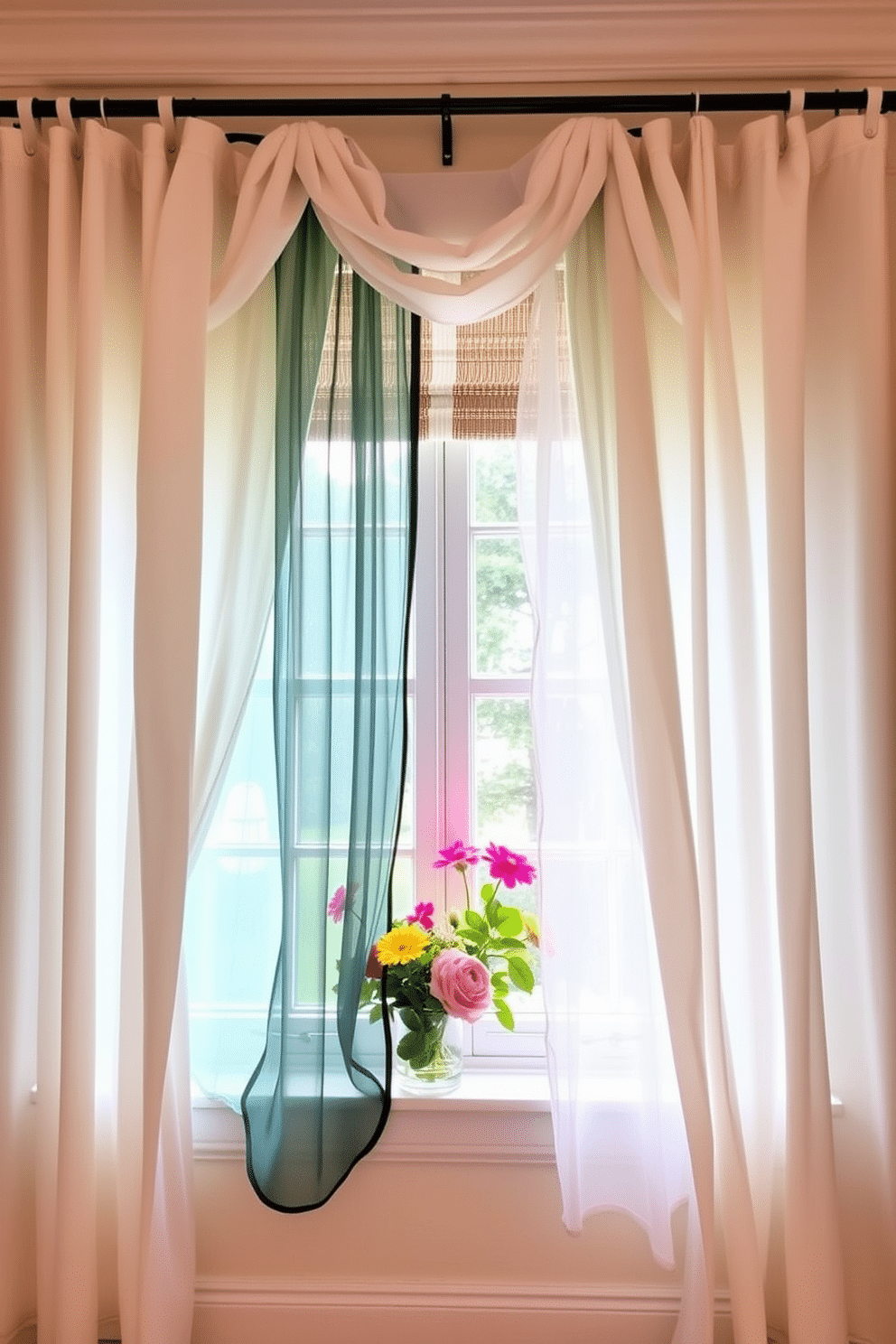 Layered curtains in soft, flowing fabrics create a sense of depth and texture in the room. The curtains feature a combination of sheer and opaque materials that allow natural light to filter through while providing privacy. For summer window decorating ideas, consider incorporating vibrant colors and playful patterns. Fresh flowers and greenery can be added to the windowsill to enhance the seasonal ambiance.