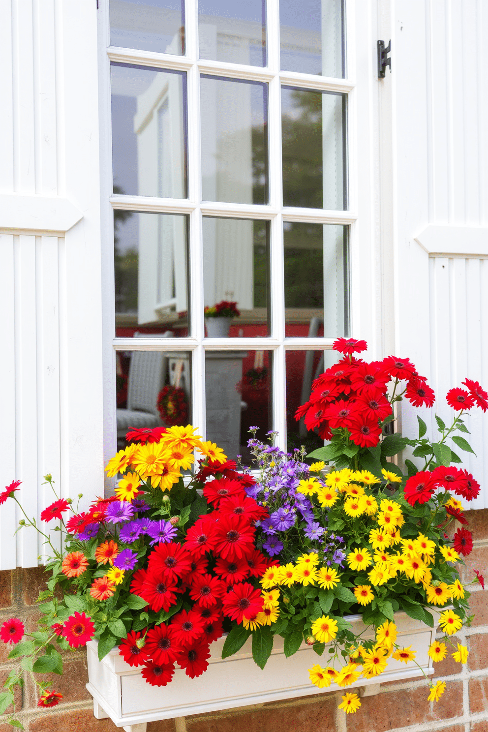 A charming summer window scene featuring window boxes overflowing with vibrant flowers in a mix of colors such as red, yellow, and purple. The window itself is framed with white shutters that add a touch of classic elegance to the cheerful display.