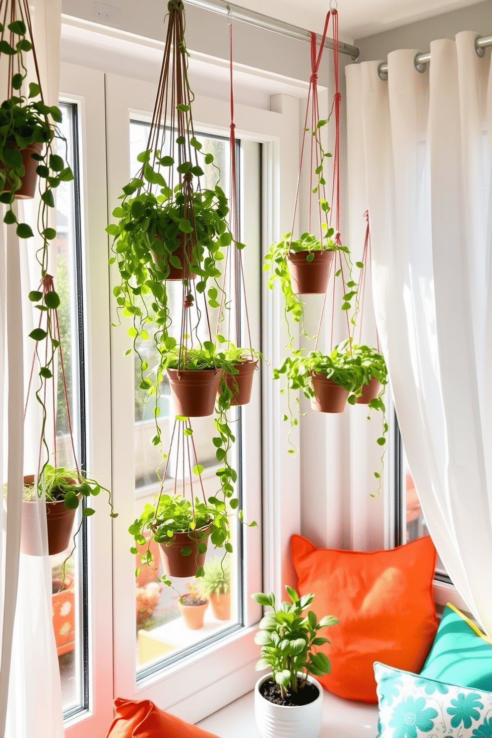 Hanging potted plants gracefully adorn the room, adding a touch of greenery and life to the indoor space. The plants are suspended at varying heights, creating a visually appealing cascade of foliage that enhances the atmosphere. Summer window decorating ideas include light, airy curtains that flutter gently in the breeze, allowing natural light to flood the room. Brightly colored cushions and a small potted herb garden on the windowsill bring a cheerful and refreshing vibe to the space.