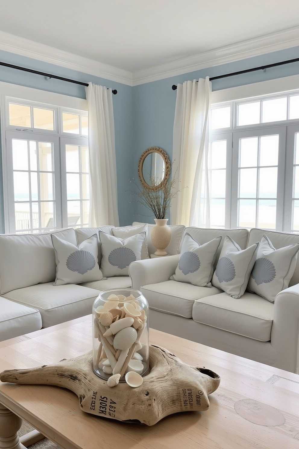 A serene beach-themed living room adorned with seashell accents. Soft blue walls evoke the ocean, while a light-colored sofa is decorated with throw pillows featuring shell patterns. Large windows are dressed with sheer white curtains that flutter gently in the sea breeze. A collection of seashells is displayed in a glass jar on a driftwood coffee table, adding a touch of coastal charm.