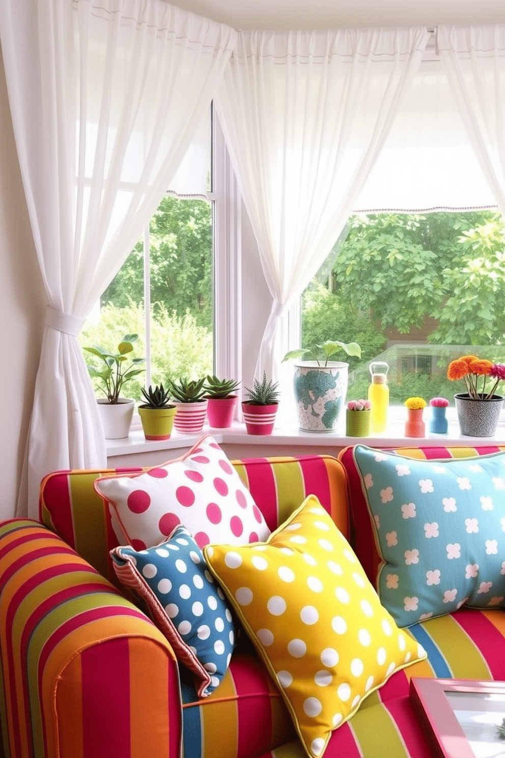 A playful living room setting featuring a mix of stripes and polka dots in vibrant colors. The sofa is upholstered in a bold striped fabric, while the throw pillows showcase various polka dot patterns in complementary hues. Large windows adorned with sheer white curtains allow natural light to flood the space. On the windowsill, potted plants and colorful decorative items create a cheerful summer atmosphere.