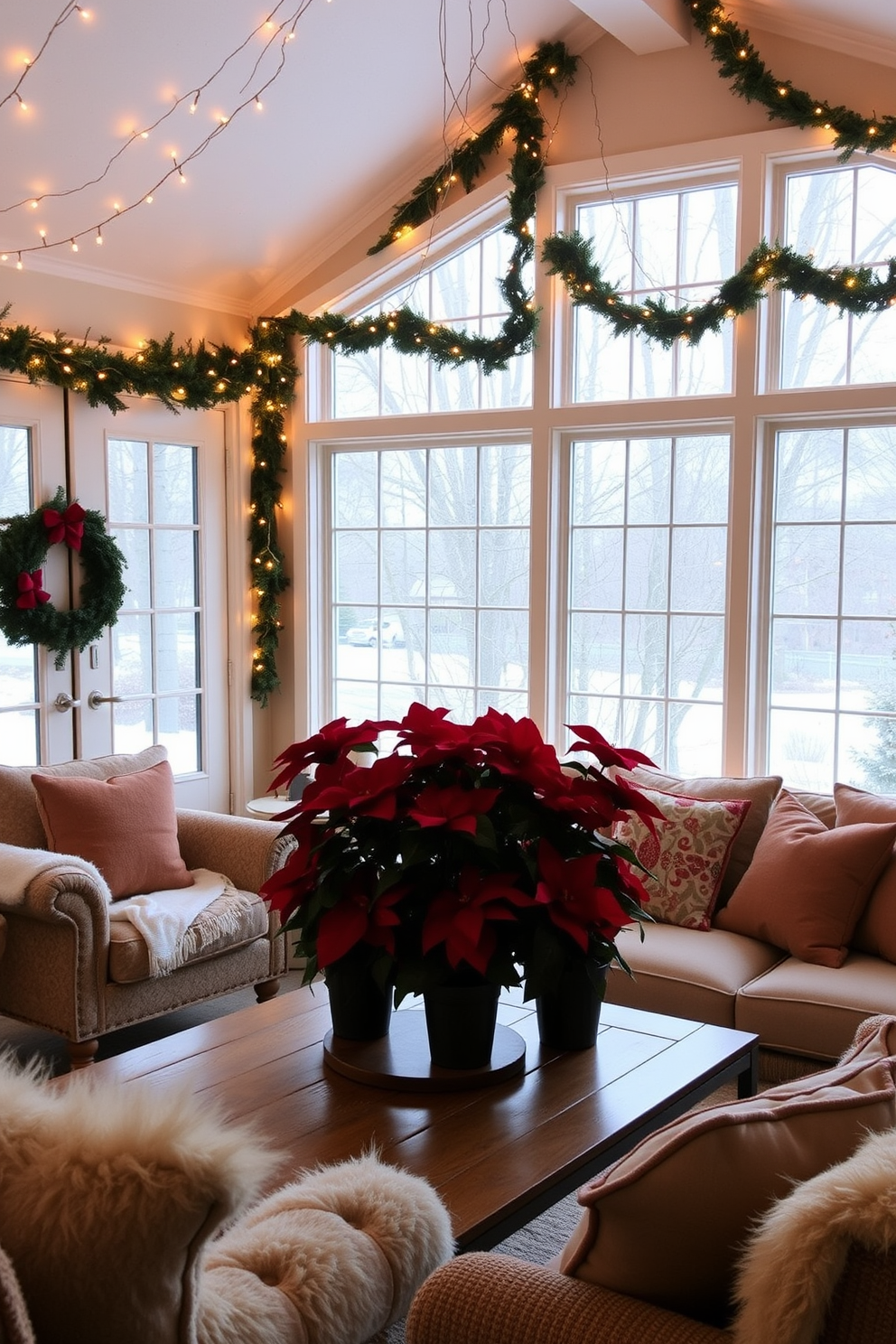 A cozy sunroom adorned for Christmas, featuring twinkling string lights draped across the ceiling and around the windows. A festive arrangement of potted poinsettias sits on a wooden coffee table, surrounded by plush seating in warm, inviting colors.