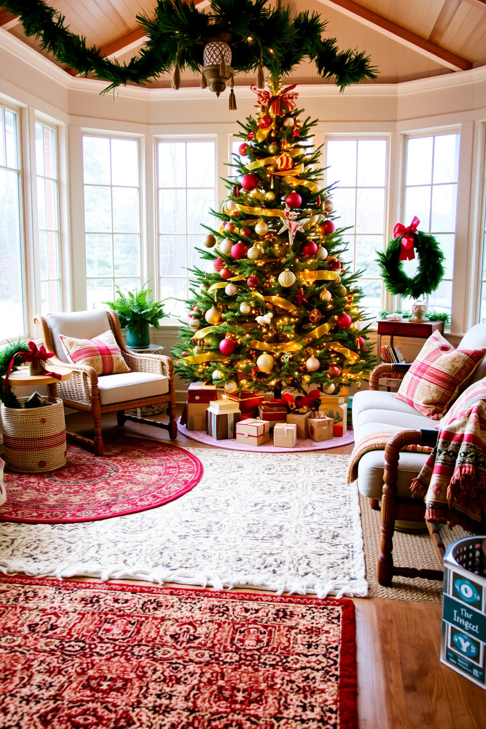 A cozy sunroom adorned for Christmas features layered area rugs in rich textures, creating a warm and inviting atmosphere. The space is filled with natural light, showcasing a beautifully decorated evergreen tree, twinkling with lights and surrounded by festive ornaments.